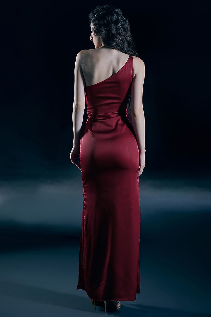 Flame Red Liquid Satin One-Shoulder Engagement Gown by Nirmooha at Pernia's Pop Up Shop