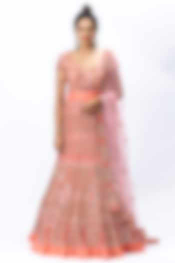 Coral Pink Organza & Tulle Hand Embroidered Gown With Dupatta by Nirmooha