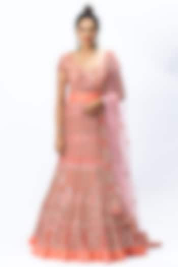 Coral Pink Organza & Tulle Hand Embroidered Gown With Dupatta by Nirmooha at Pernia's Pop Up Shop