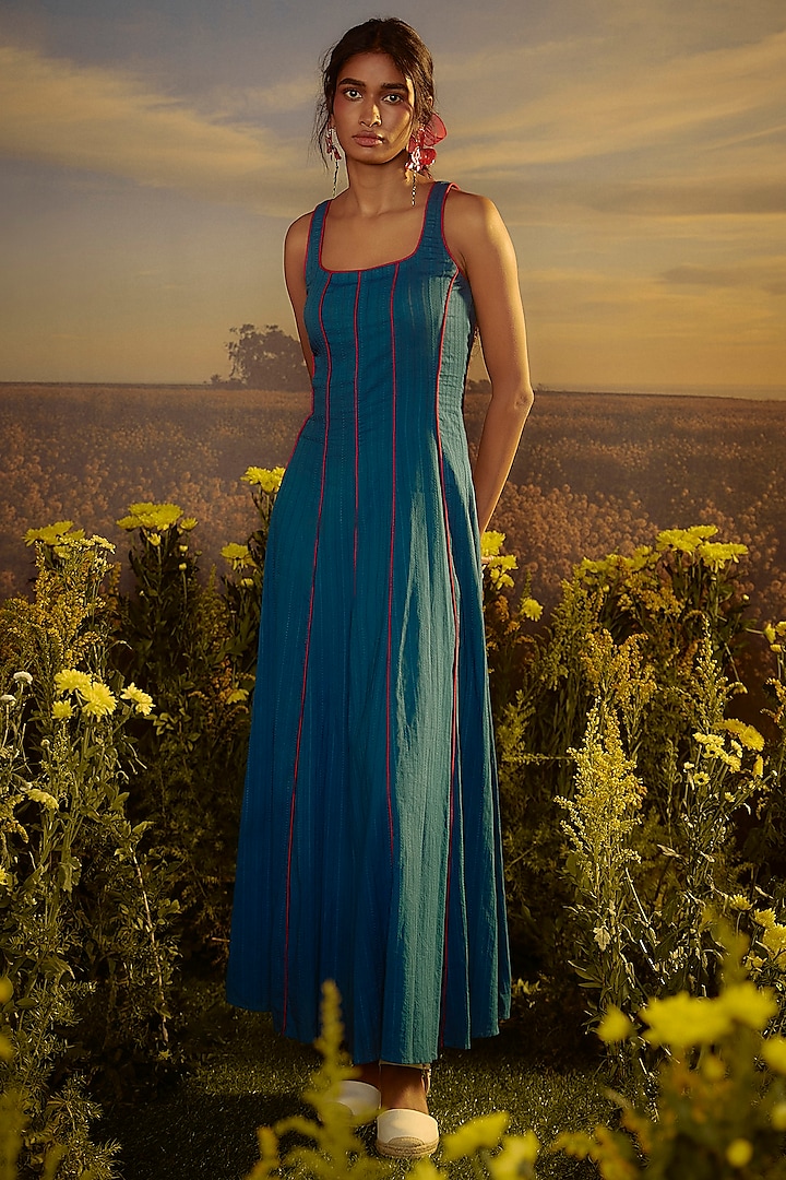 Blue Textured Cotton & Jute Cording Maxi Dress by Nirmooha at Pernia's Pop Up Shop