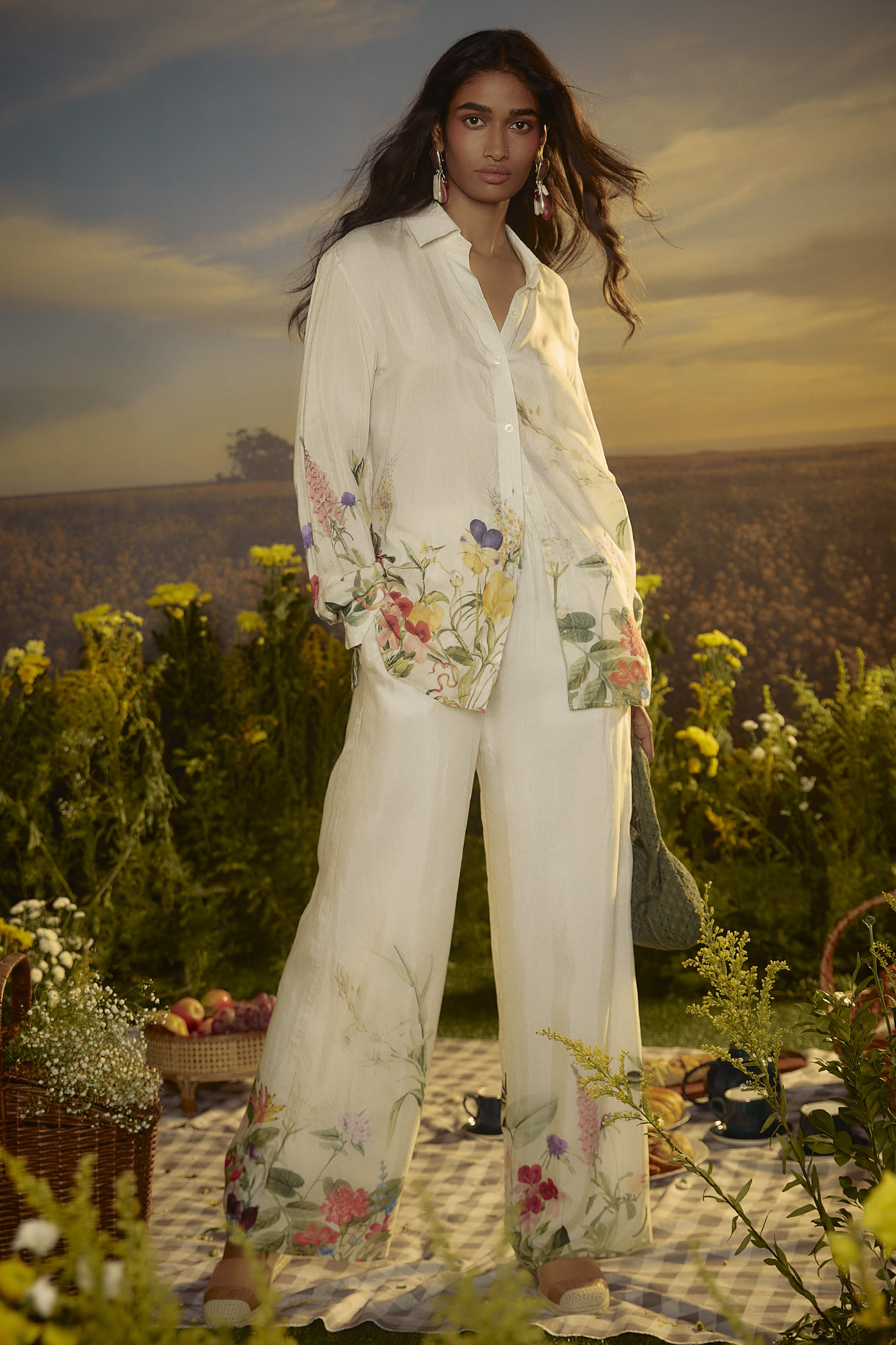 White Mul Cotton Botanical Printed Co-Ord Set by Nirmooha at Pernia's Pop Up Shop