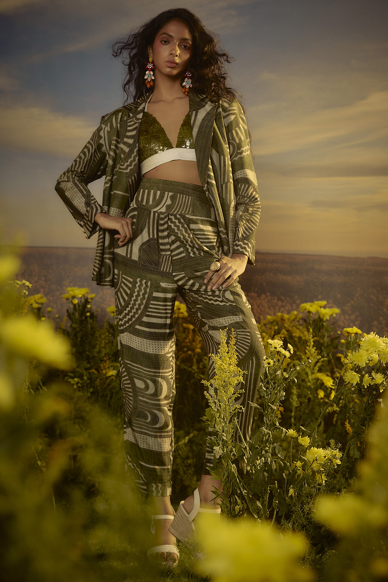 Green Mul Cotton Printed Blazer Set by Nirmooha at Pernia's Pop Up Shop