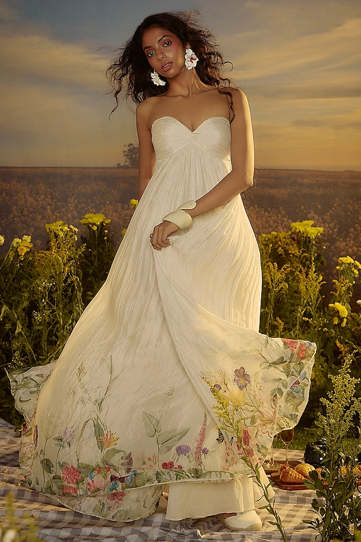 White Chiffon Floral Printed Ruched Gown by Nirmooha at Pernia's Pop Up Shop