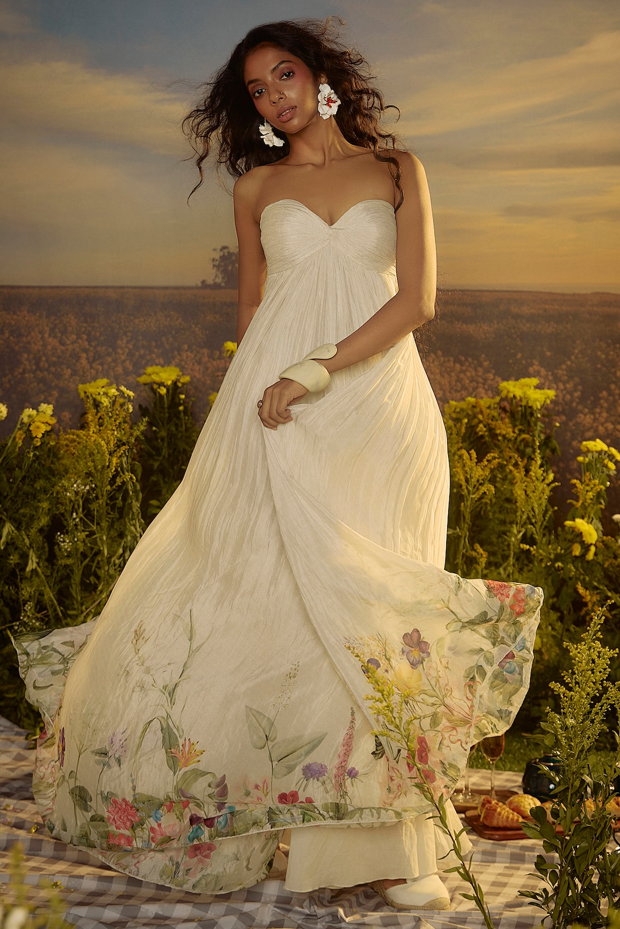 White Chiffon Floral Printed Ruched Gown by Nirmooha at Pernia's