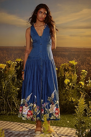 Blue Denim Floral Printed Maxi Dress by Nirmooha