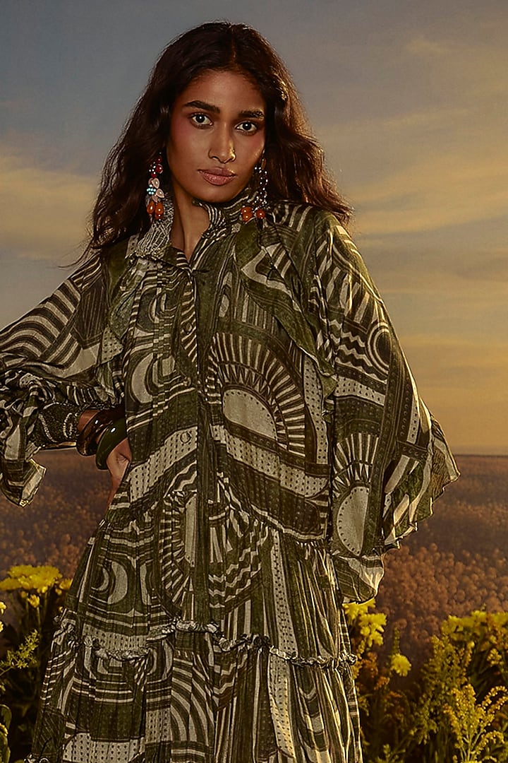 Green Muslin Cotton Geometric Printed Vacation Dress With Belt by Nirmooha at Pernia's Pop Up Shop