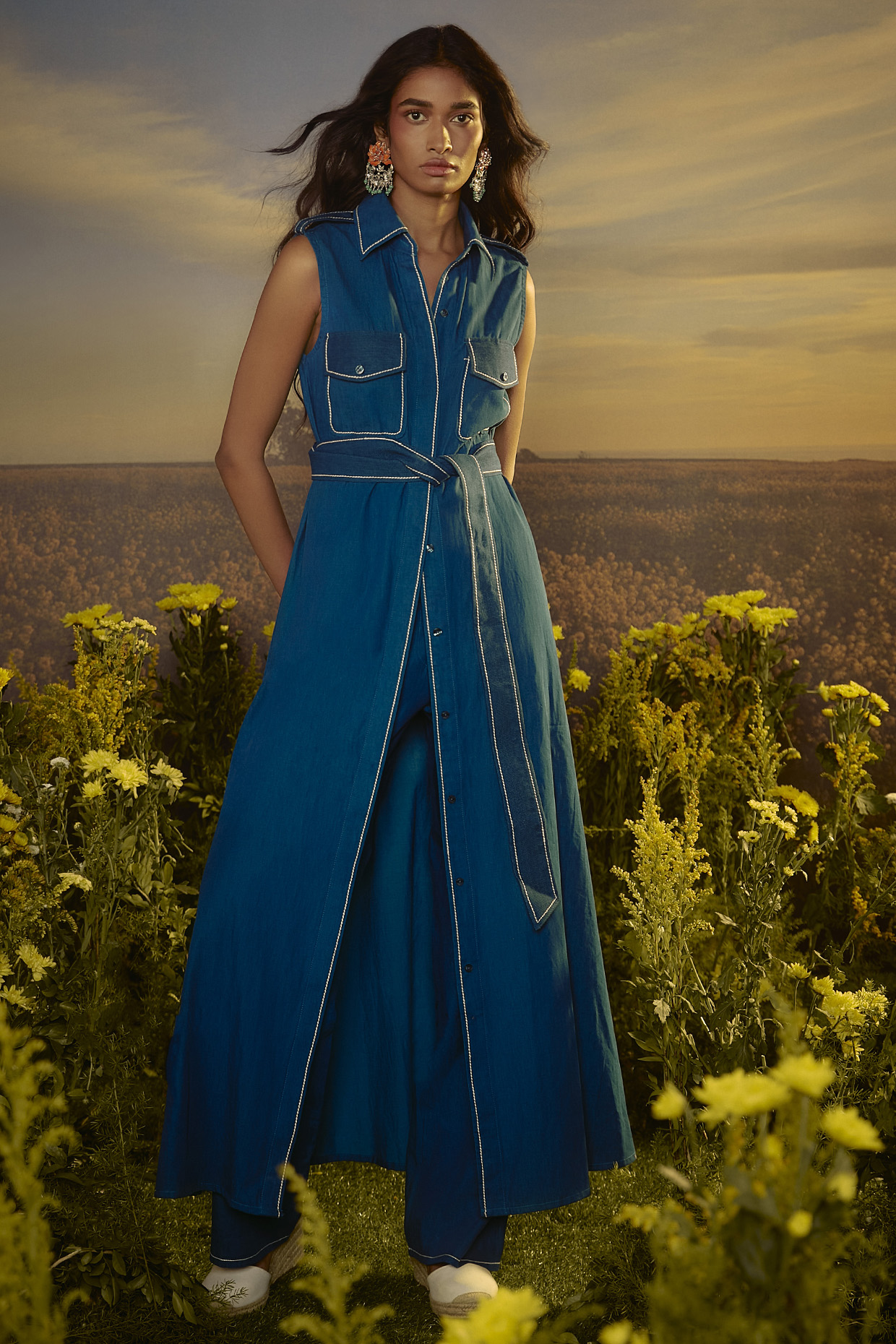 Blue Denim Trench Coat Set by Nirmooha at Pernia's Pop Up