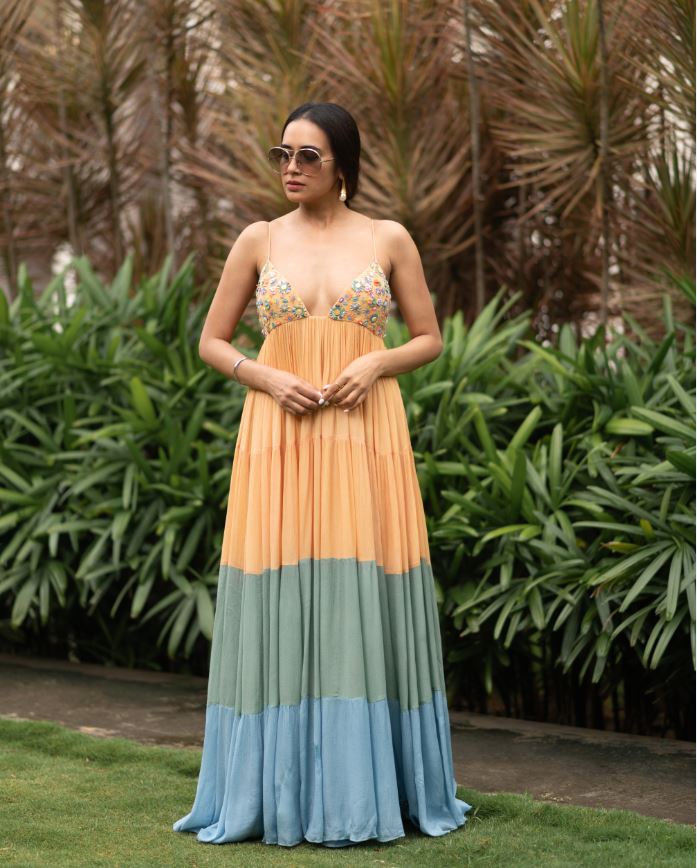 Multi Colored Color Blocked Tiered Maxi Dress by Nirmooha at Pernia s Pop Up Shop 2024