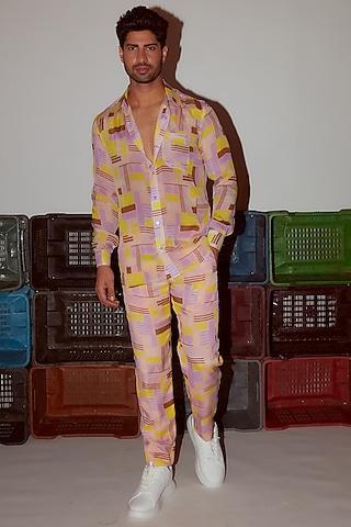 Peach Chiffon Printed Pant Set by Nirmooha Men