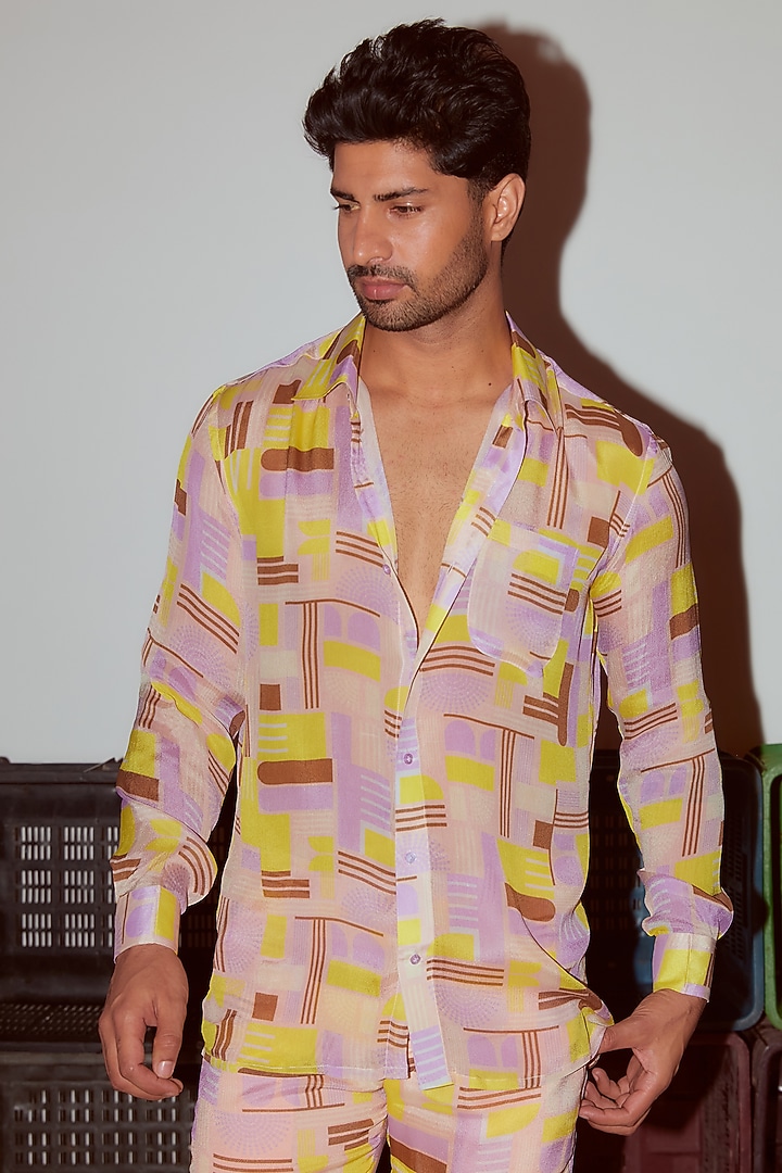Peach Chiffon Printed Pant Set by Nirmooha Men at Pernia's Pop Up Shop