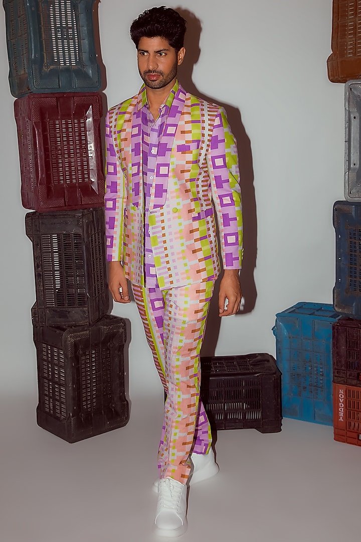 Multi-Colored Linen Printed Blazer by Nirmooha Men