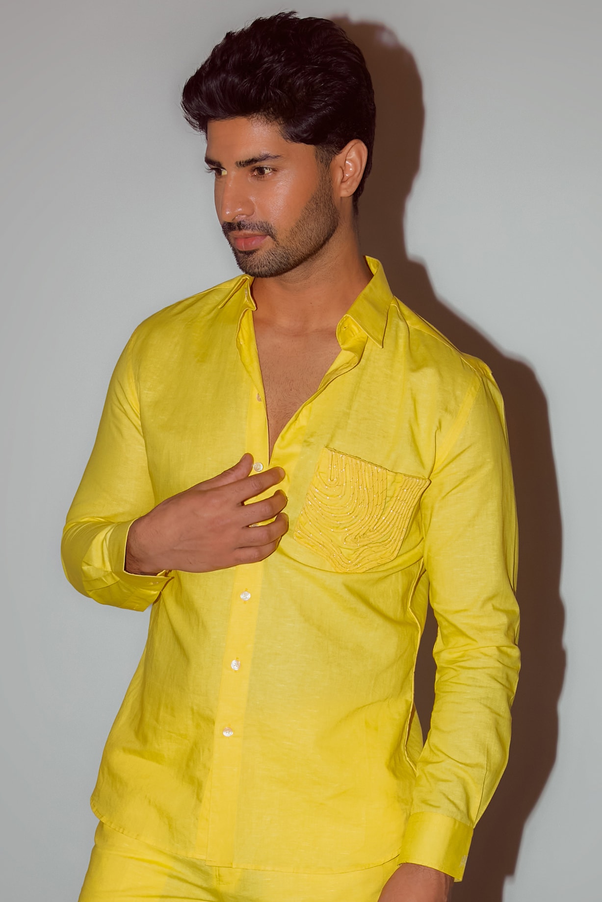 Lemon Yellow Linen Party Wear Shirt by Nirmooha Men at Pernia's Pop Up Shop