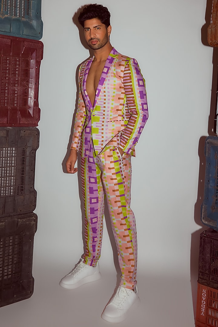 Multi-Colored Linen Printed Blazer Set by Nirmooha Men