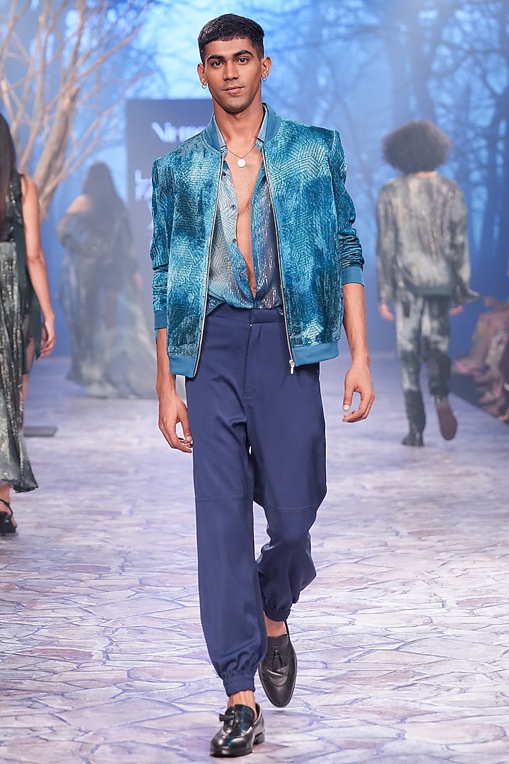 Jade Blue Velvet Printed Bomber Jacket by Nirmooha Men at Pernia's Pop Up Shop