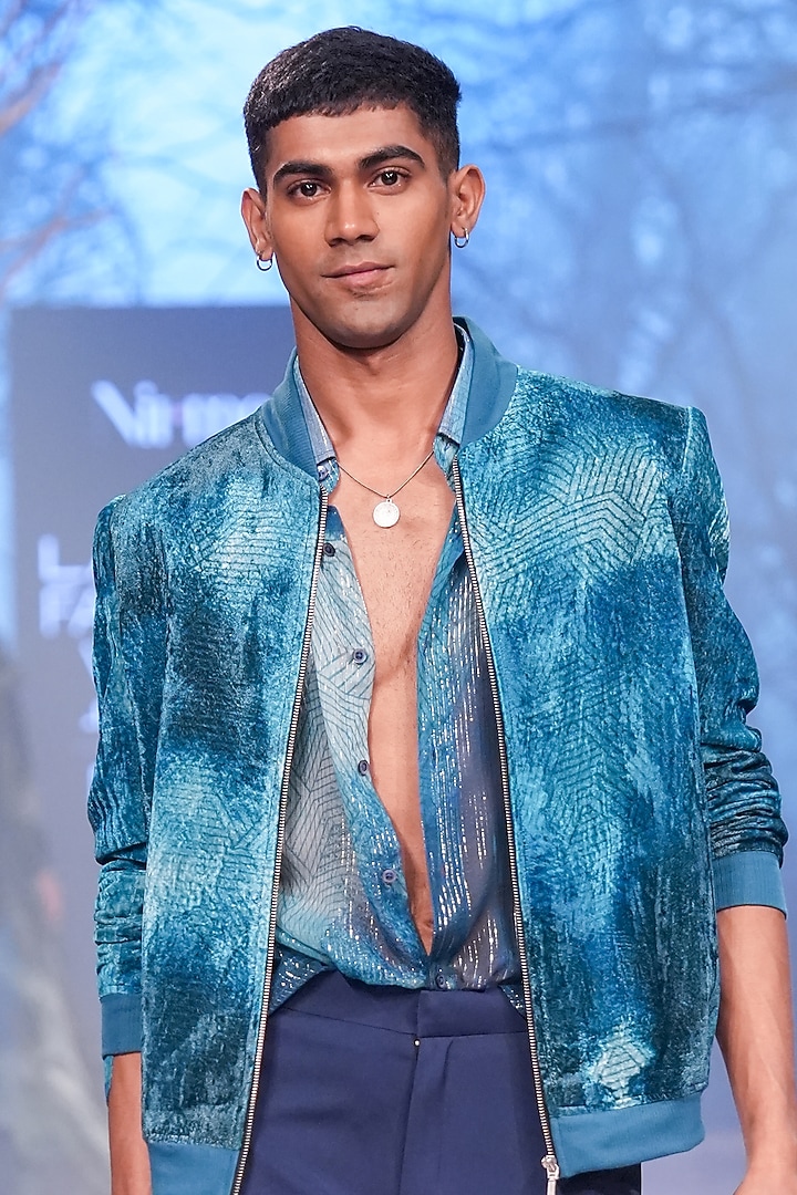 Jade Blue Velvet Printed Bomber Jacket by Nirmooha Men at Pernia's Pop Up Shop