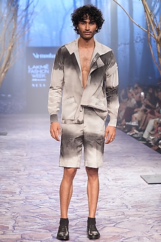 Grey Crepe Printed Shorts by Nirmooha Men