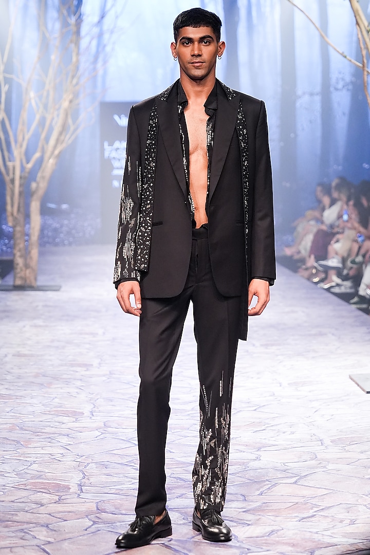 Black Suiting Fabric Hand Embroidered Blazer by Nirmooha Men