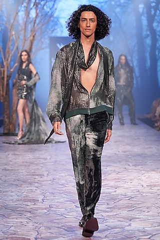 Emerald Green Velvet Printed Pants by Nirmooha Men