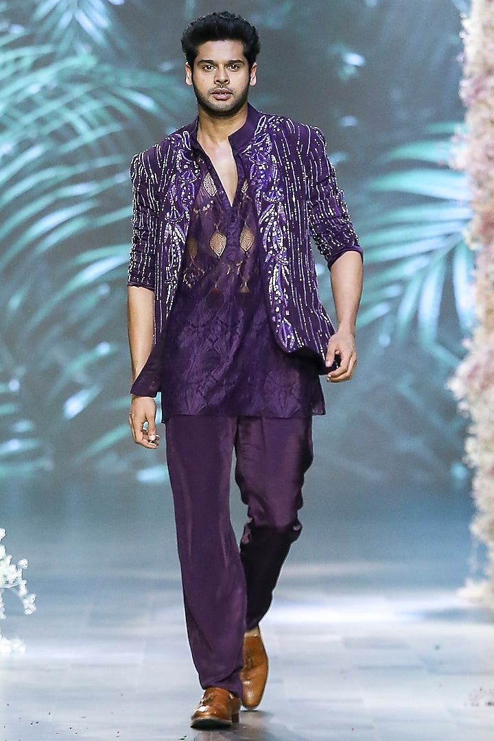 Deep Plum Chantilly Lace Long Shirt by Nirmooha Men at Pernia's