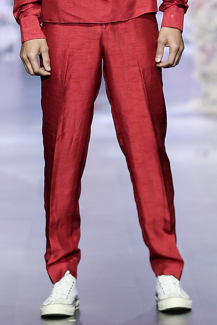 Intense Rust Crepe Tapered Pants by Nirmooha Men at Pernia's Pop Up Shop