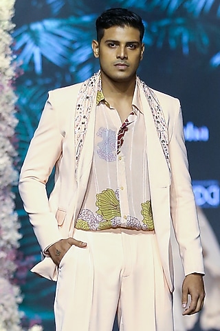 Peach Fuzz Lurex Printed Shirt by Nirmooha Men