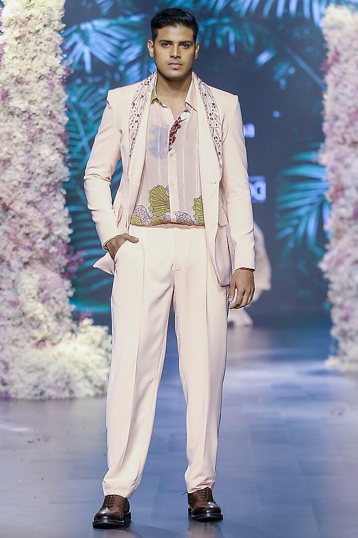 Peach Fuzz Lurex Printed Party Wear Shirt by Nirmooha Men at Pernia's Pop Up Shop