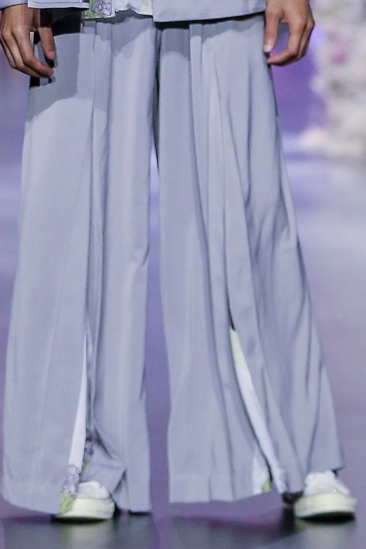 Glass Grey Lachka & Modal Satin Printed Wide-Legged Pants by Nirmooha Men at Pernia's Pop Up Shop