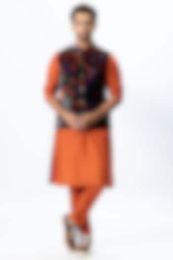 Orange Printed Bundi Jacket With Kurta Set by Nirmooha Men