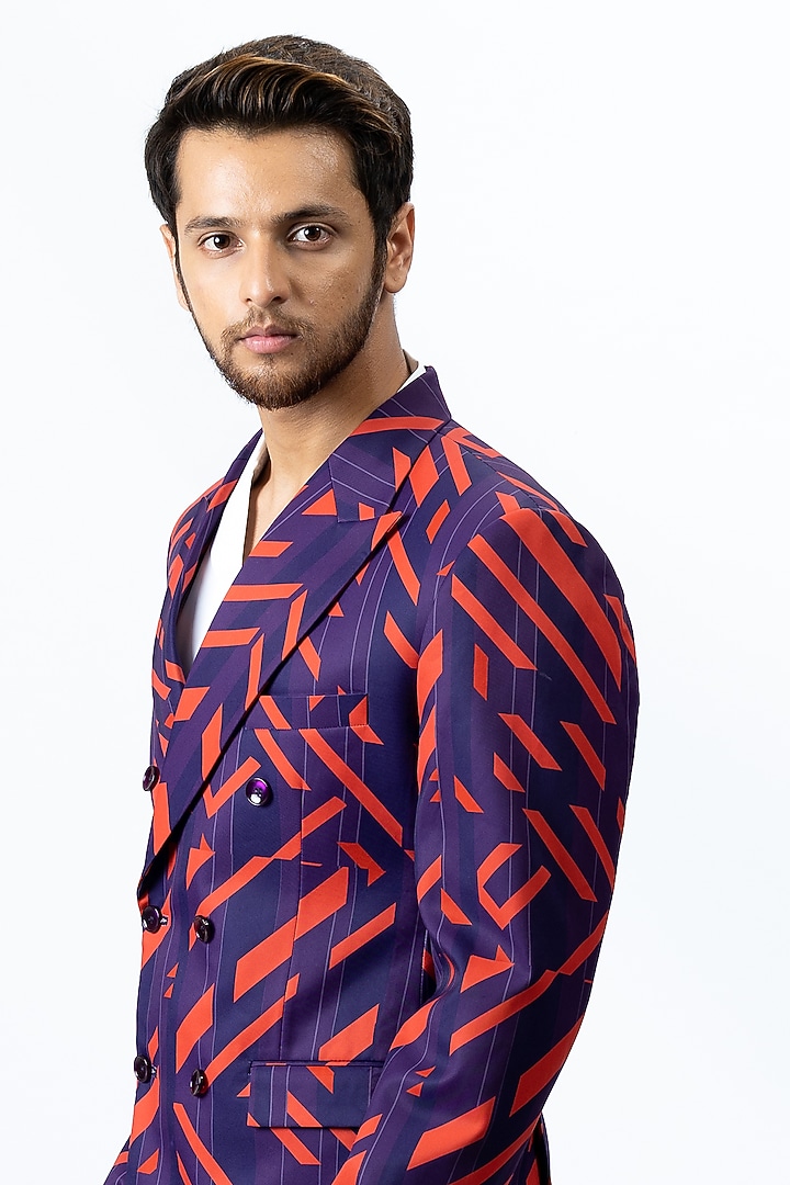 Violet Printed Blazer Set by Nirmooha Men at Pernia's Pop Up Shop