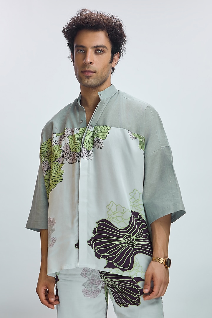 Glass Grey Linen Printed Shirt by Nirmooha Men at Pernia's Pop Up Shop