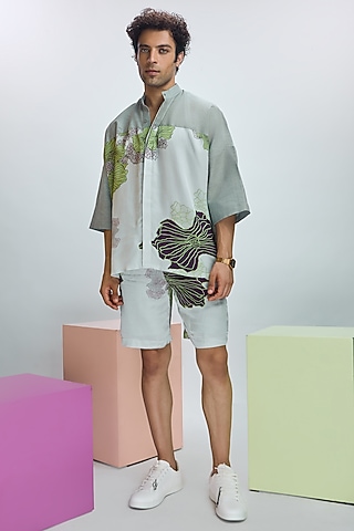 Glass Grey Modal Satin Printed Shorts by Nirmooha Men