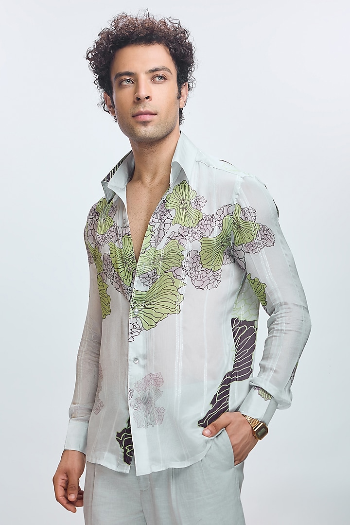 Glass Grey Chiffon Lurex Shirt by Nirmooha Men