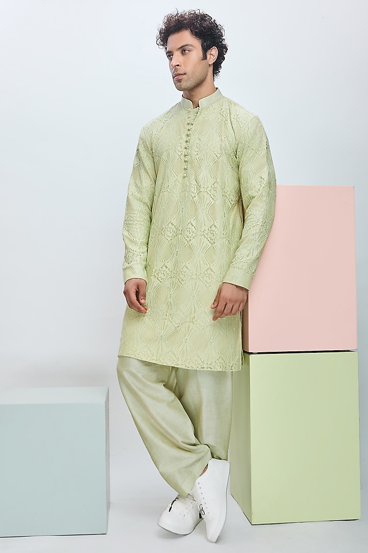 Cool Matcha Chantilly Kurta Set by Nirmooha Men