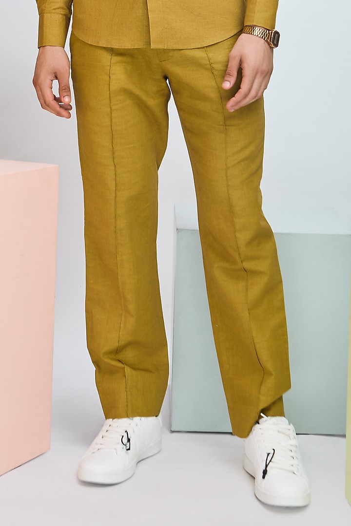 Olive Green Linen Straight Pants by Nirmooha Men at Pernia's Pop