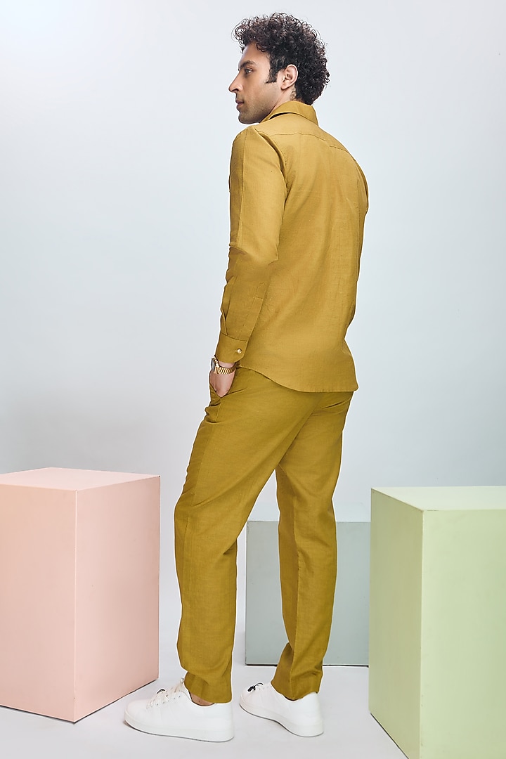 Olive Green Linen Straight Pants by Nirmooha Men at Pernia's Pop Up Shop