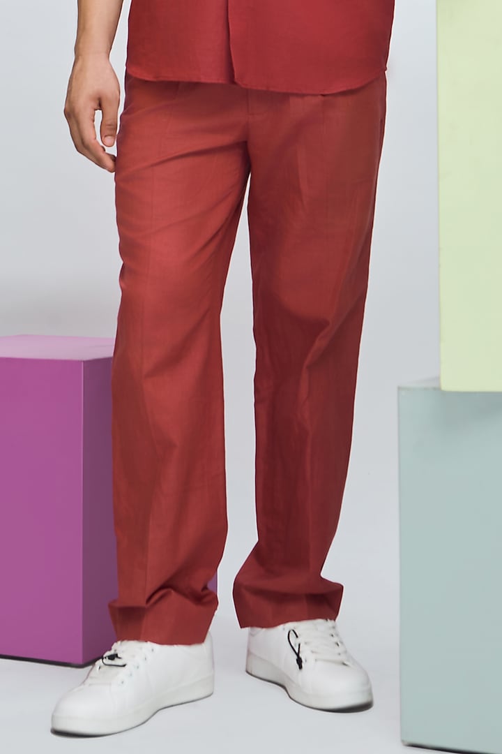 Intense Rust Linen Straight Pants by Nirmooha Men at Pernia's Pop Up Shop