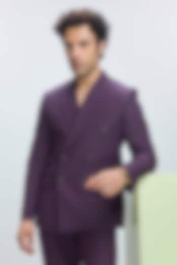 Deep Plum Linen Double-Breasted Blazer by Nirmooha Men