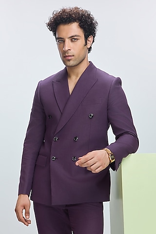 Deep Plum Linen Blazer & Pant Set by Nirmooha Men