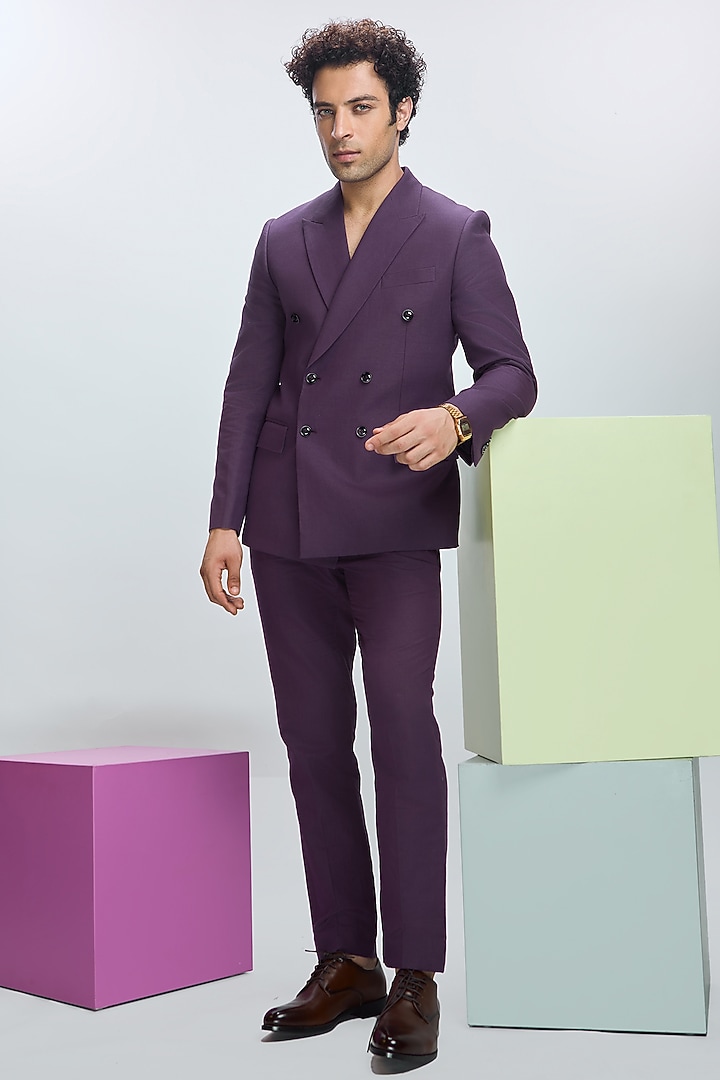 Deep Plum Linen Blazer & Pant Set by Nirmooha Men at Pernia's Pop Up Shop
