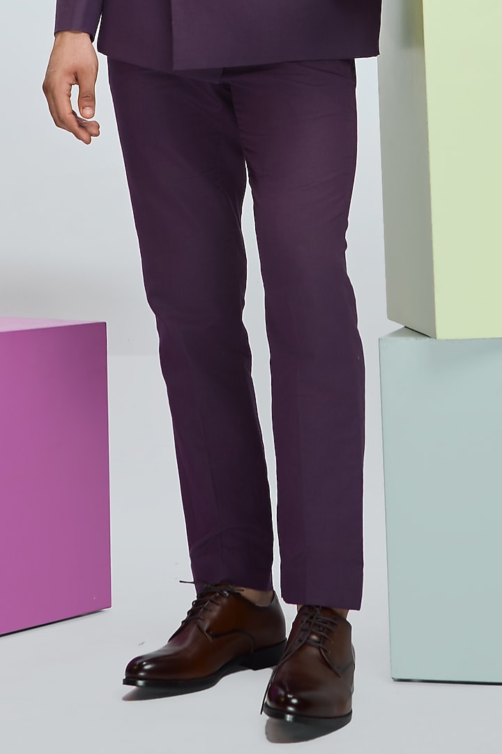 Deep Plum Linen Straight Pants by Nirmooha Men at Pernia's Pop Up Shop