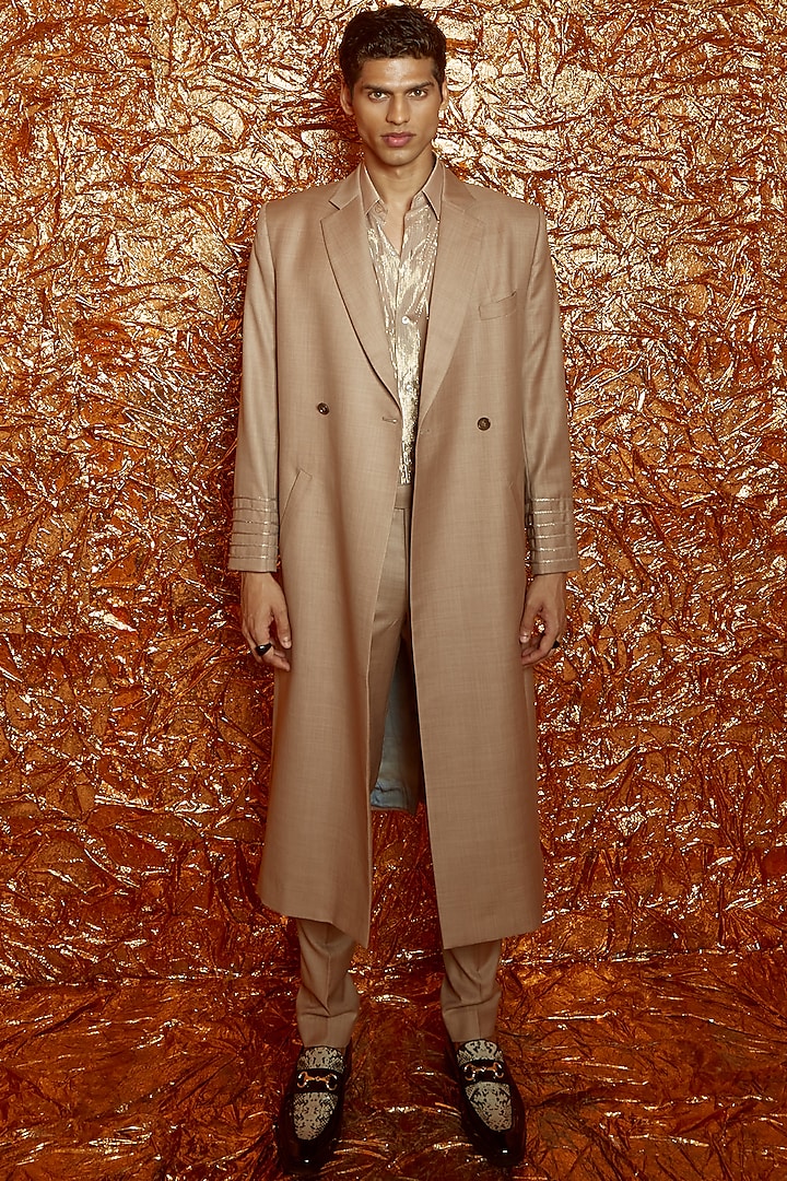 Beige Suiting Trench Coat With Belt by Nirmooha Men