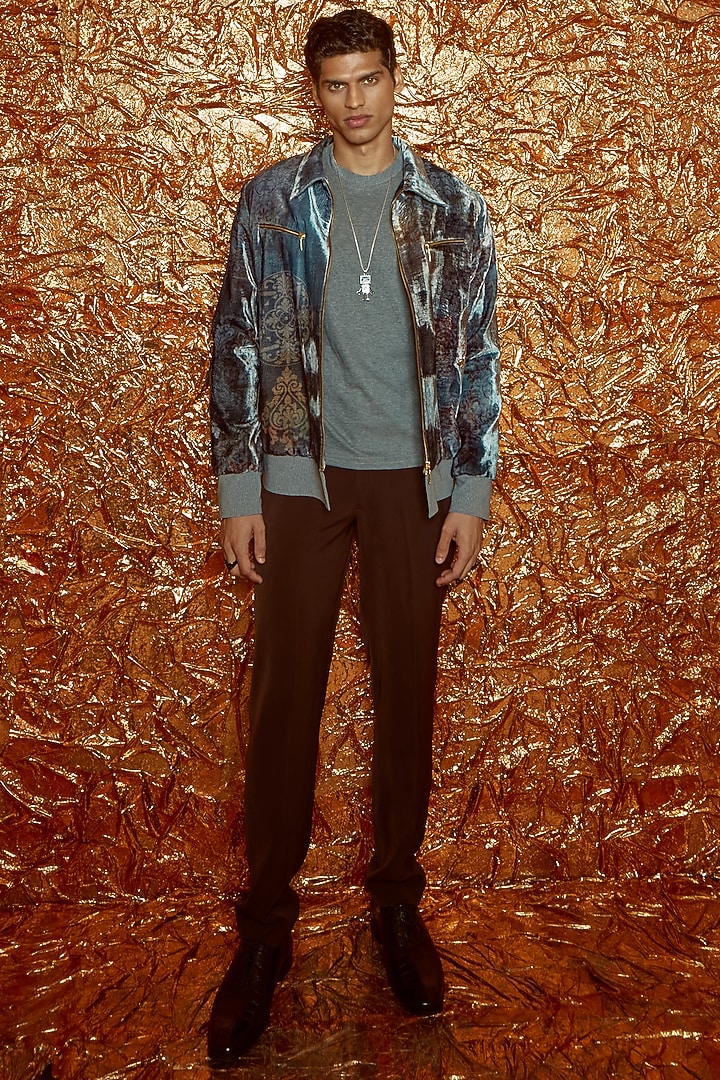 Flint Grey Printed Bomber Jacket by Nirmooha Men at Pernia's Pop Up Shop