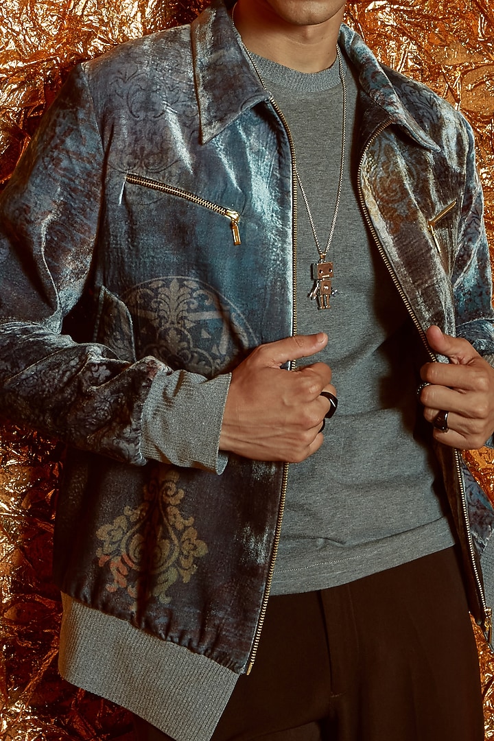 Flint Grey Printed Bomber Jacket by Nirmooha Men at Pernia's Pop Up Shop