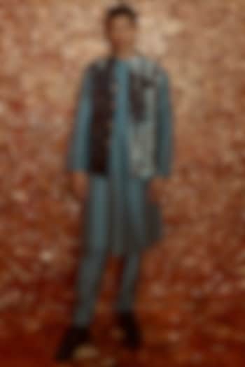 Flint Grey Nokia Silk Kurta Set With Bundi Jacket by Nirmooha Men