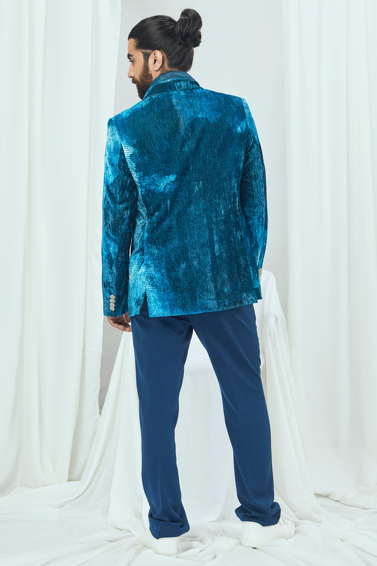 Jade Blue Velvet Printed Blazer Design by Nirmooha Men at Pernias Pop Up  Shop 2023