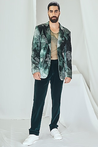 Emerald Green Velvet Pants by Nirmooha Men