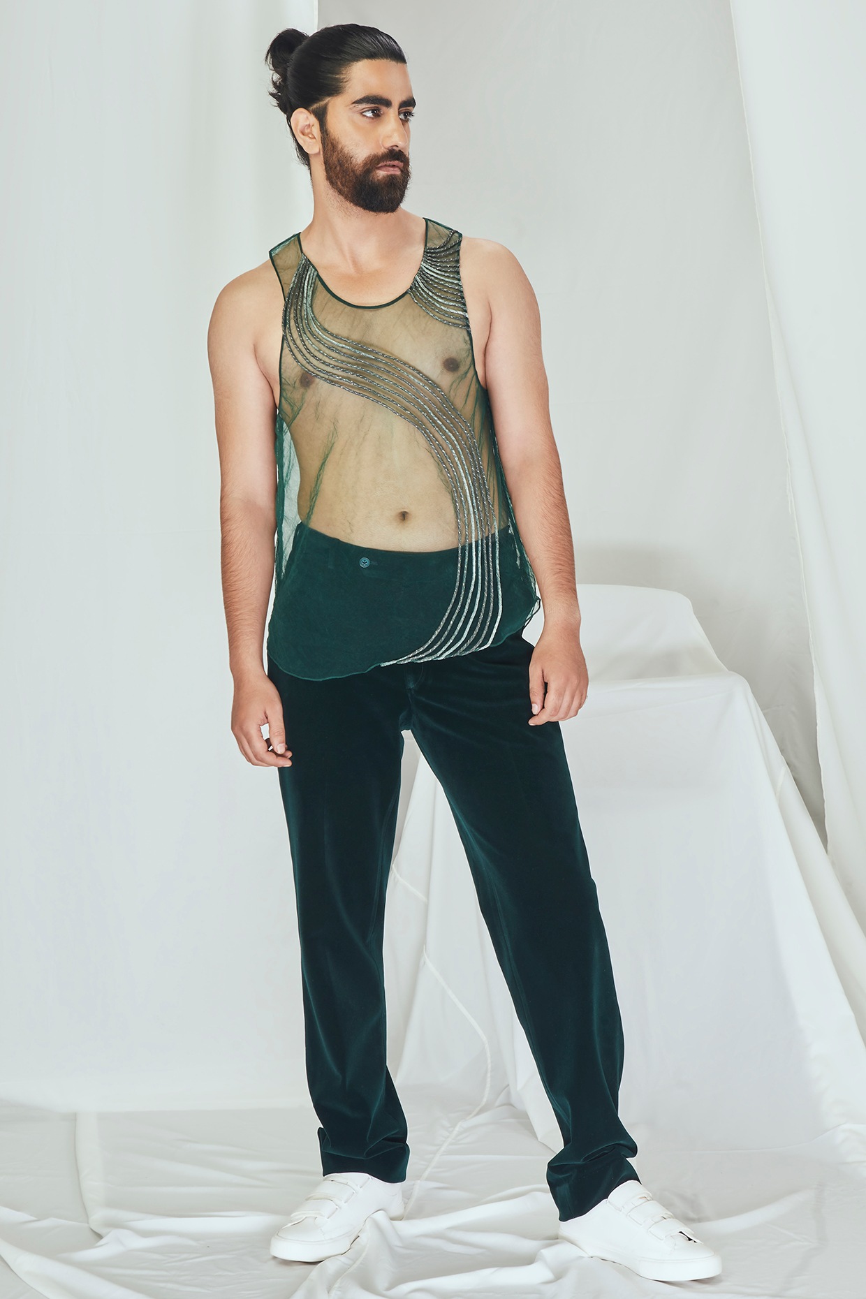 Emerald Green Net Tank Top by Nirmooha Men at Pernia's Pop Up Shop