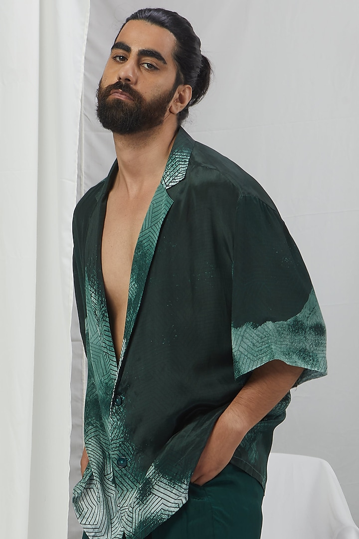 Emerald Green Crepe Printed Shirt by Nirmooha Men at Pernia's Pop Up Shop