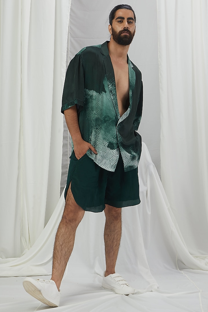 Emerald Green Crepe Shorts by Nirmooha Men