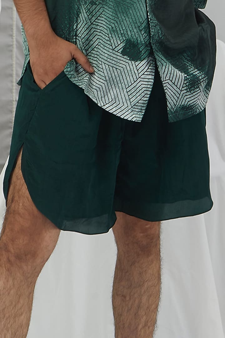 Emerald Green Crepe Shorts by Nirmooha Men at Pernia's Pop Up Shop
